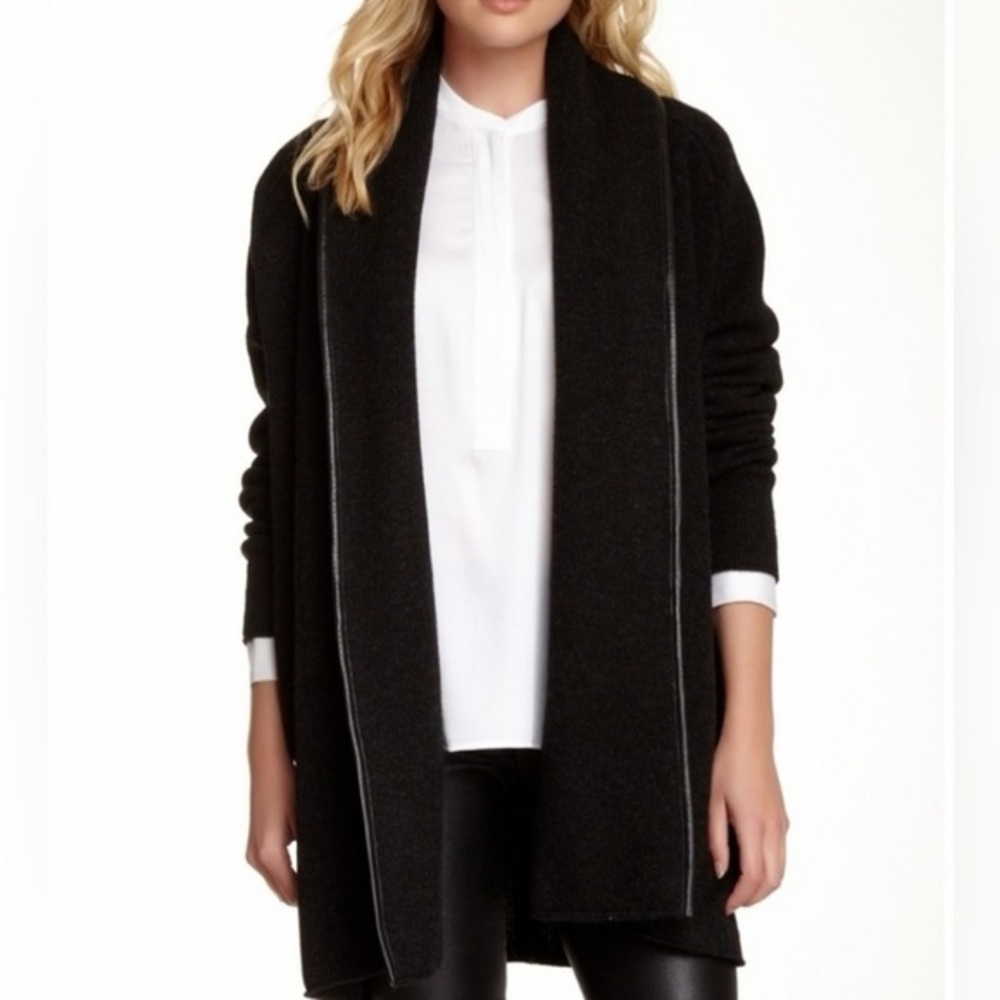 Vince Black Sweater Coat Leather trimmed Wool silk cashmere